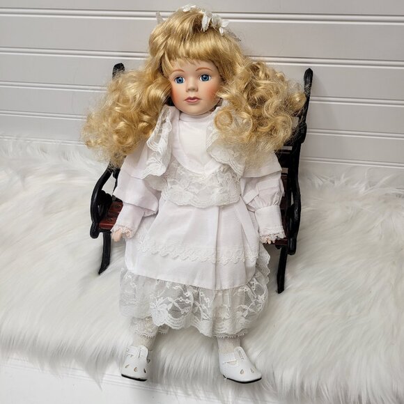 Vintage Brinn's Collectible Porcelain Doll 15" 1992 White Lace Dress & Knickers - Picture 1 of 12